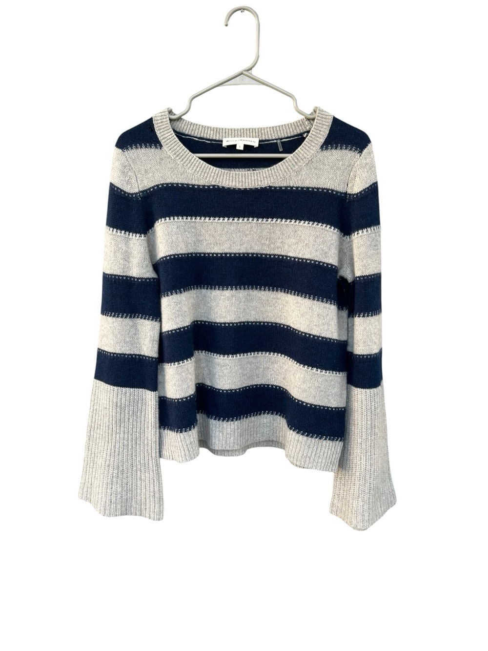 White + Warren 100% Cashmere Crewneck Striped Sweater - Size Large - Gray Navy
